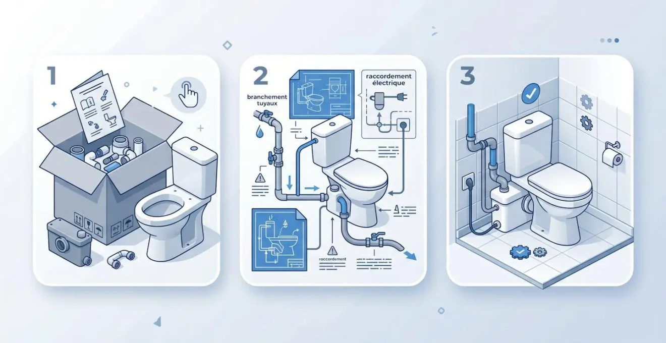 Schéma en trois étapes illustrant l'installation simple d'un WC broyeur.