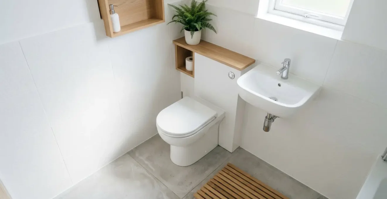 WC broyeur blanc compact installé dans un coin de salle de bain de studio, avec vasque suspendue et plante verte.