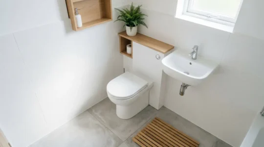WC broyeur blanc compact installé dans un coin de salle de bain de studio, avec vasque suspendue et plante verte.