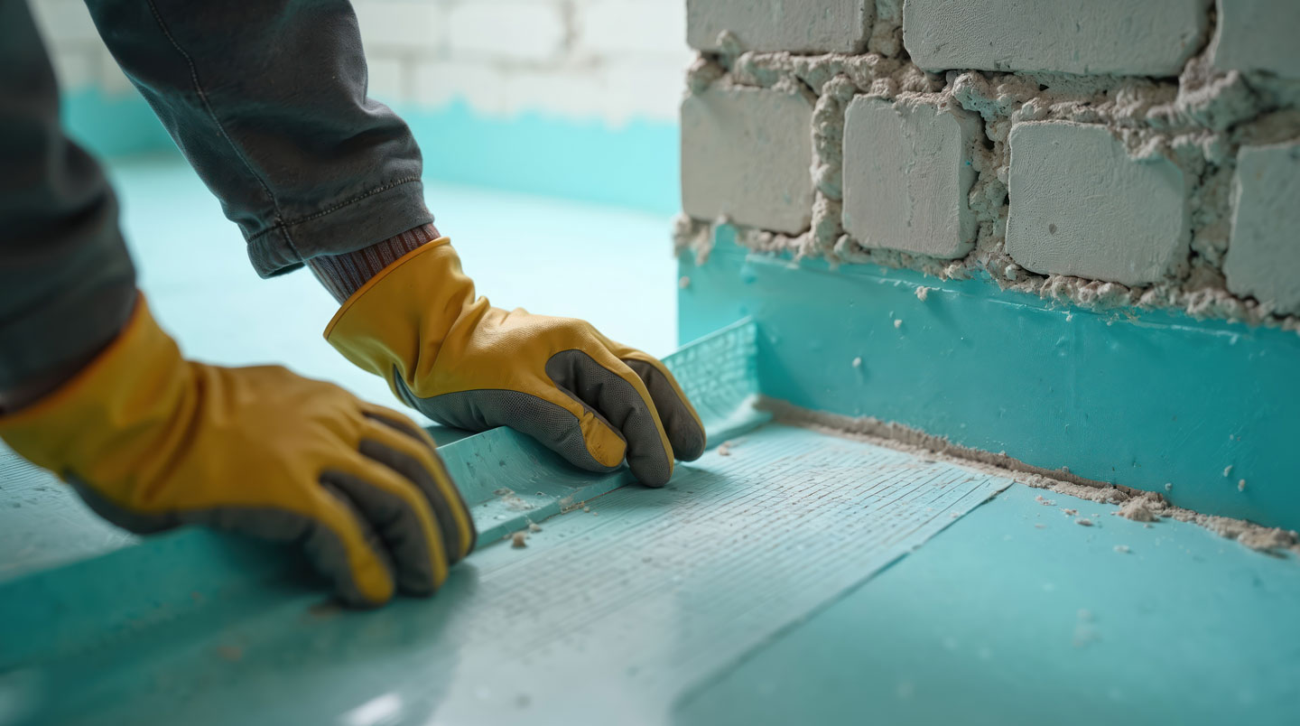 Carreleur professionnel posant du carrelage mural sur un système d'étanchéité liquide dans une zone de douche, outils et croisillons visibles