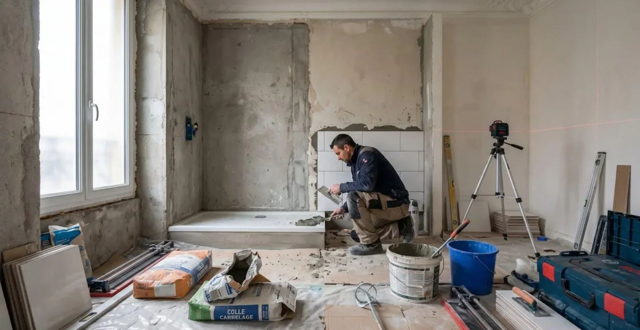 Artisan professionnel installant un receveur de douche sur un chantier de rénovation de salle de bains dans un appartement parisien, outils et matériaux de construction visibles