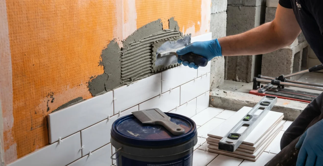 Carreleur professionnel posant du carrelage mural sur un système d'étanchéité liquide dans une zone de douche, outils et croisillons visibles