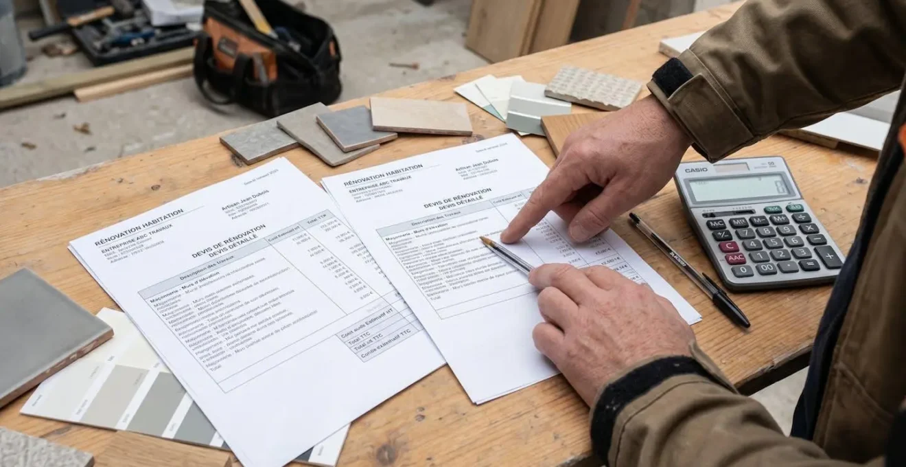 Main consultant des devis de rénovation détaillés avec calculatrice et échantillons de matériaux sur une table de chantier