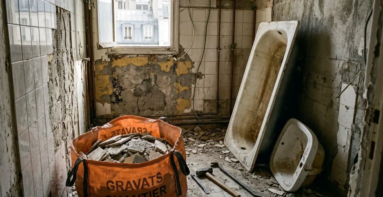 Phase de démolition d'une salle de bains parisienne avec faïence arrachée, gravats dans des sacs big-bag et anciens sanitaires déposés