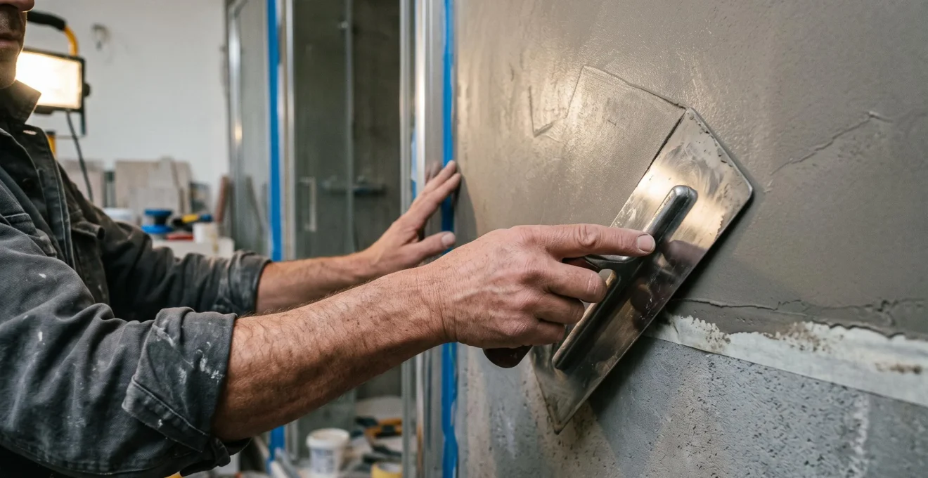 Les mains d'un artisan appliquent du béton ciré au lisseur sur un mur de salle de bain près de la douche.