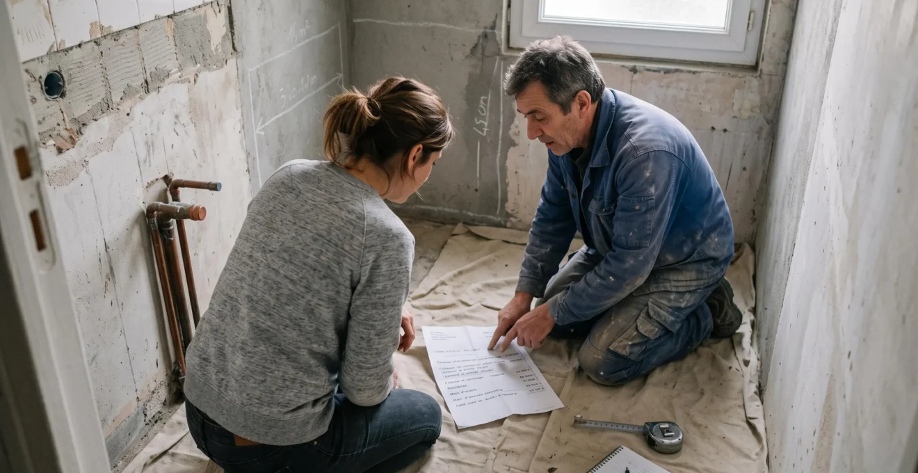 Une propriétaire et un artisan examinent ensemble un devis posé au sol dans une salle de bain en cours de rénovation.