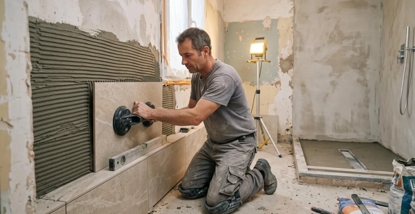 Un carreleur pose un grand carrelage mural dans une salle de bain en rénovation, près d'une future douche à l'italienne.