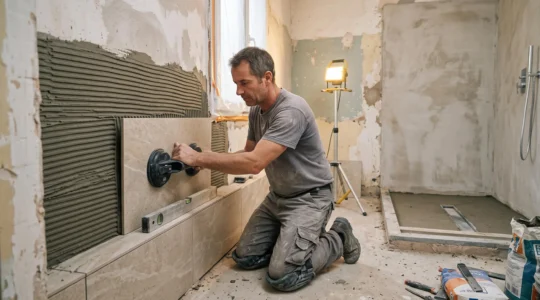 Un carreleur pose un grand carrelage mural dans une salle de bain en rénovation, près d'une future douche à l'italienne.
