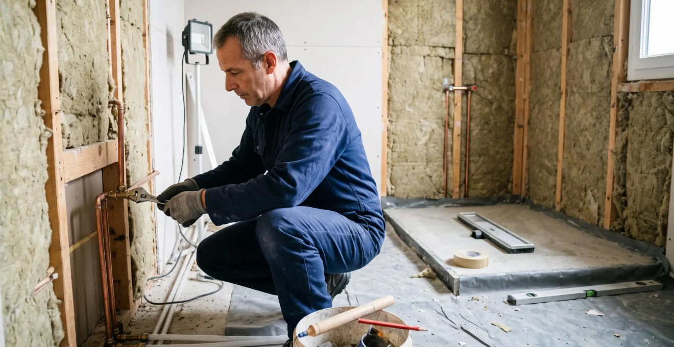 Un plombier serre un raccord sur des tuyauteries encastrées lors du second œuvre d'une salle de bain en rénovation.